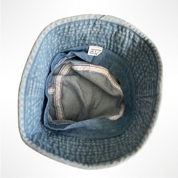 90s Vintage Kids Denim Bucket Hat Front Mini Velcro Pocket Flower Embroidery - Picture 8 of 9